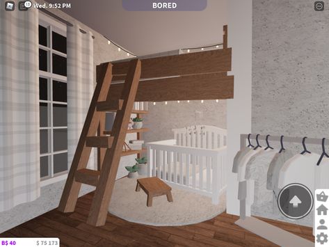 **My Idea** Its a bunk bed for kids and babies. Top is a bed and custom shelves on the bottom! Club Roblox House Ideas Kids Bedroom, Bloxburg Bunk Bed Ideas, Bloxburg Bedroom Ideas For Kids, Bloxburg Custom Bed, Bloxburg Kids Room Ideas, Bloxburg Nursery Ideas, Room Ideas Bunk Beds, Bunk Bed Room Ideas, Bedroom Ideas Bloxburg