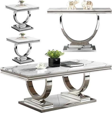 Amazon.com: Goderfuu 4 Piece Living Room Table Set, Faux Marble Coffee Table, Silver Console Table and 2 End Tables, Rectangular Luxury White Coffee Table Set of 4 with Stainless Steel Legs for Apartment, Bedroom : Home & Kitchen Contemporary End Tables Living Room, Silver End Tables Living Room, Silver Home Decor Living Room, Grey And White Living Room, Silver Living Room Decor, Marble Coffee Table Set, Stainless Steel Table Legs, Grey Living Room Sets, Silver Console Table