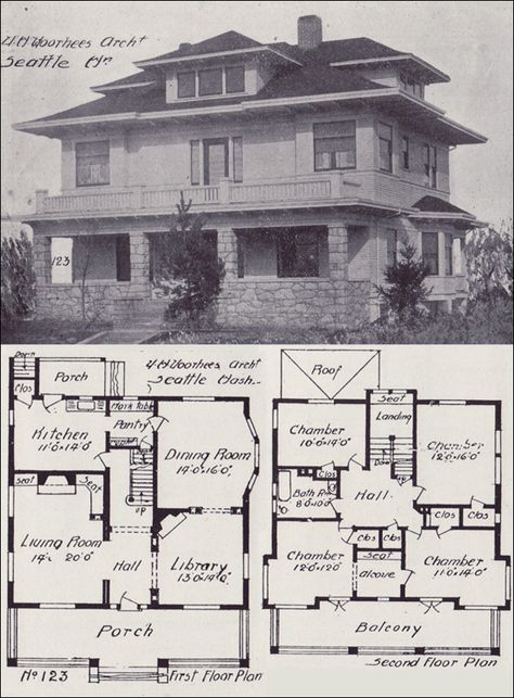 1908 Western Home Builder - Prairie Box House Plan - Seattle Vintage Homes - Design No. 123 - V.W. Voorhees Foursquare House, Four Square Homes, Square House Plans, American Foursquare, Vintage Floor Plans, Square House, Vintage Homes, Prairie House, Box House