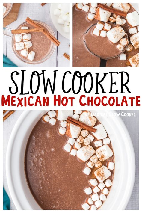 Slow Cooker Mexican Hot Chocolate Mexican Hot Chocolate Mix, Mexican Christmas Food, Abuelita Hot Chocolate, Crock Pot Hot Chocolate Recipe, Hot Chocolate Bar Party, Mexican Hot Chocolate Recipe, Mexican Feast, Slow Cooker Mexican, Hot Chocolate Recipe Homemade