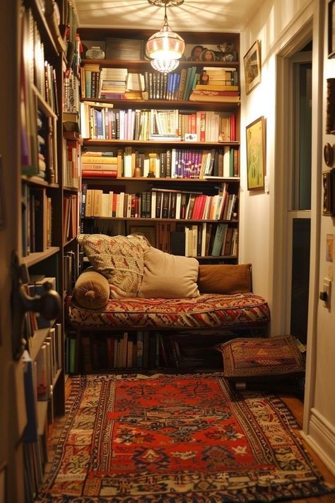 Academic Aesthetic Living Room, Unique Home Aesthetic, Cozy Boston Apartment, Small Cluttered Apartment, Unique Pieces Of Furniture, Mini Home Library Small Spaces, Cute Book Nooks, Book Nook Cozy, Book Apartment Aesthetic