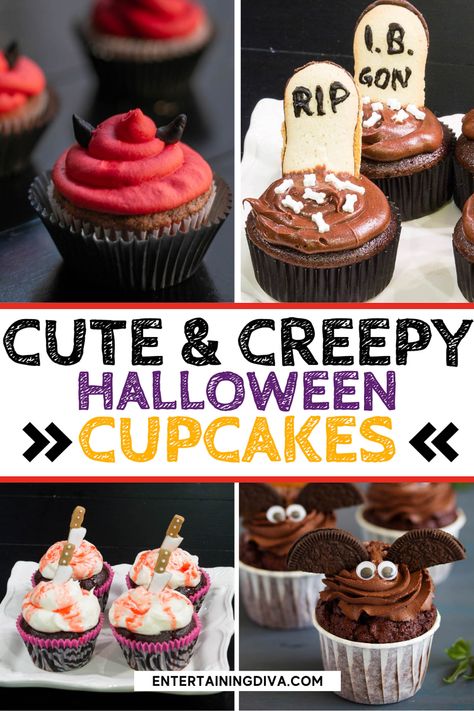 Looking for some new spooky Halloween treats ideas? Here's the ultimate list of the best, spookiest Halloween cupcakes that won't disappoint. From mummies, to bloody knives and devilish cupcakes - there's something for you, indeed! Cupcake Ideas Halloween, Easy Halloween Cupcake Ideas, Halloween Themed Cupcakes, Halloween Cupcake Recipes, Homemade Ganache, Perfect Cupcake Recipe, Halloween Cupcake Ideas, Witch Cupcakes, Halloween Food Cupcakes