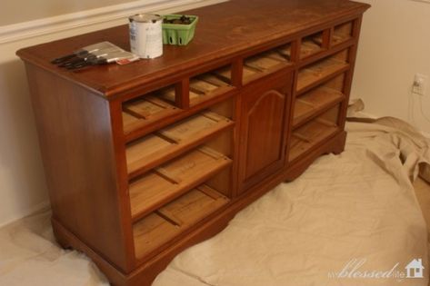 Dresser Turned Buffet, Buffet Cabinet Makeover, Dresser To Buffet, Dresser Turned, Buffet Makeover, Painting Oak Cabinets, Dresser Redo, Large Dresser, Dining Room Buffet