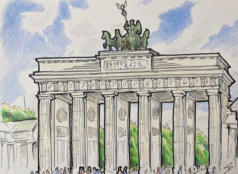 Urban Sketch (Color Pencil) - Pariser Platz, Berlin ‘View of Brandenburg gate’ Brandenburg Gate Tattoo, Sketch Color Pencil, Vienna Sketch, Prague Art Drawing, Berlin Drawing, Berlin Sketch, Berlin Wall Art Graffiti, Brandenburg Gate, Urban Sketch