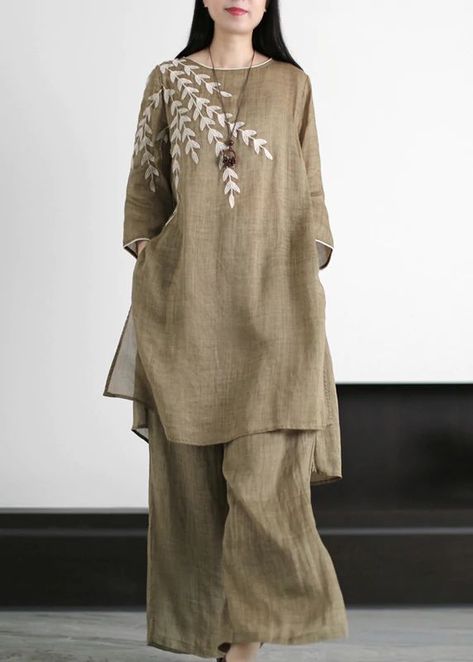 Casual Coffee Green O-Neck Leaf Embroideried Side Open Linen Two Pieces Set Summer Linen Two Piece Set, Linen Style Fashion, Long Kurti Designs, Linen Fashion, Dress Design Patterns, Simple Pakistani Dresses, Designer Dresses Casual, Stylish Dress Book, Pakistani Dress Design