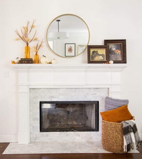 4 Ways to style a Simple Fall Mantle with a Round Mirror · DeeplySouthernHome Simple Fall Mantle, Styling A Mantle, Recipe Printables, Mantle Styling, Fall Mantle Decor, Classic Fireplace, Fireplace Mantle Decor, Fall Mantle, George Nelson