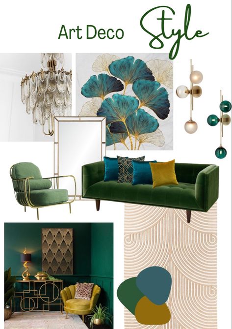 Emerald Glam Bedroom, Teal Art Deco Living Room, Art Deco Emerald Green, Art Deco Waiting Room, Peacock Inspired Living Room, Emerald Green Office Ideas, Art Deco Rugs Living Rooms, Bohemian Glam Living Room, Art Deco Living Room 1920s