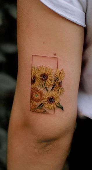 55 Artistic Vincent Van Gogh Tattoos Inspired By His Artwork - Tattoo Me Now Tattoo Of Sunflowers, Vincent Van Gogh Sunflowers Tattoo, Can Gogh Sunflower Tattoo, Sunflowers Van Gogh Tattoo, Van Gogh Sunflower Tattoo Black And White, Van Gogh Flower Tattoo, Monet Inspired Tattoo, Artist Inspired Tattoos, Impressionism Tattoo