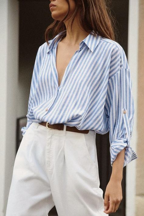 Women's Shirts & Blouses | ZARA Canada Linen Shirt Outfit Women, White Striped Shirt Outfit, Blue Striped Shirt Outfit, Linen Shirt Outfit, Outfits With Striped Shirts, Outfits Con Camisa, Knotted Shirt, Blue And White Striped Shirt, Blue And White Shirt