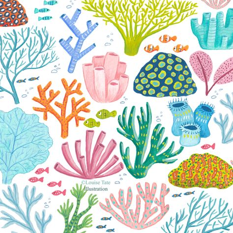 Coral Reef Watercolor Easy, Coral Reef Drawing Illustration, Painted Coral Reef, Coral Reef Illustration Underwater, Sea Coral Illustration, Coral Reefs Illustration, Coral Bleaching Illustration, Cartoon Coral Reef, Aquarium Illustration Art