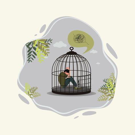 Sad man lock in birdcage, need psychological help illustration or social isolation concept Help Illustration, Psychological Help, Day Work, Social Work, Bird Cage, Aesthetic Backgrounds, Vector Photo, Drawing Inspiration, Premium Vector