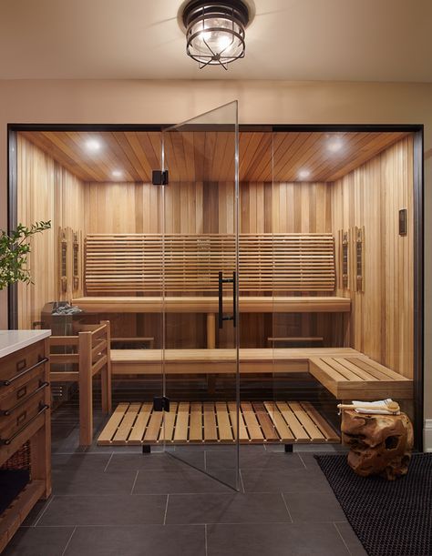 Home Spa Room, Dry Sauna, Spa Rooms, Shingle Style Homes, Sauna Design, Sauna Room, Spa Room, Cabinet Styles, Home Spa