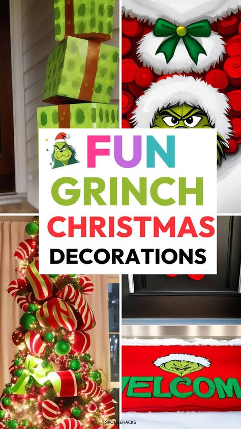 Snag These Fun Grinch Christmas Decorations (For the Apartment) - Sponge Hacks Whoville Christmas Decorations Diy Decorating Ideas, Who Ville Decorations Christmas Ideas, Whoville Houses Diy, Grinch Christmas Decorations Whoville, Grinch Outdoor Christmas Decorations, Grinch Door Decorations, Whoville Christmas Decorations Diy, Grinchmas Decorations Diy, Christmas Decir