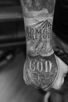 IMG_2596                                                                                                                                                                                 More Faith Tattoo Designs, Armor Of God Tattoo, Tattoo Christian, Shoulder Armor Tattoo, Biblical Tattoos, Christian Sleeve Tattoo, God Tattoo, Christ Tattoo, Armor Tattoo