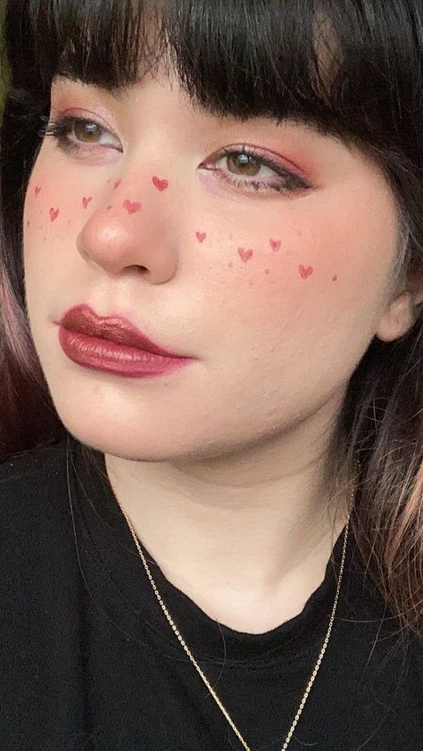 Makeup Hearts On Cheeks, Heart Cheeks Makeup, Candy Freckles Makeup, Cute Makeup Freckles, Cute Heart Makeup Looks, Hearts On Cheeks Makeup, Heart On Cheek Makeup, Eye Heart Makeup, Cheek Makeup Looks