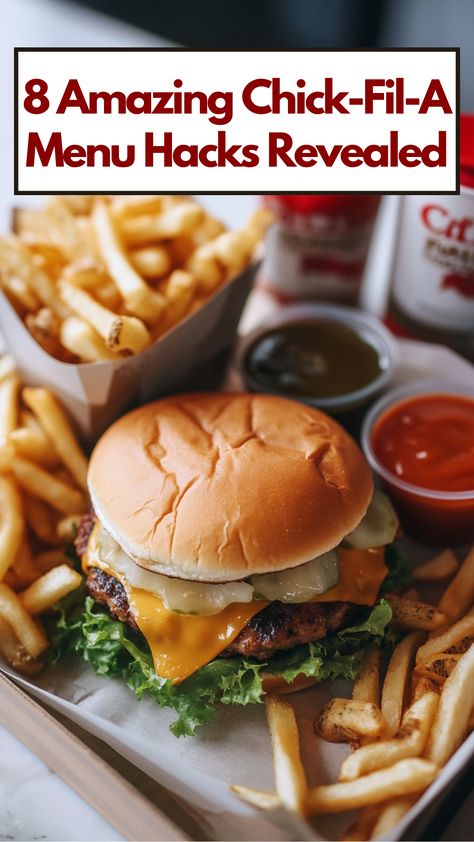 Chick-Fil-A meal with fries, a sandwich, and various sauces showcasing secret menu hacks and customization ideas. Chik Fil A Hack, Chick Fil A Hacks, Chick Fil A Bowl, Sandwich Hacks, Chick Fil A Sandwich, Secret Menu Items, Waffle Fries, Secret Menu, Chick Fil A