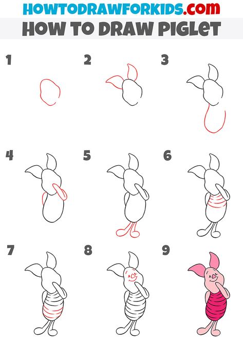 how to draw piglet step by step Drawing Tutorial Step By Step Beginner, Easy Piglet Drawing, Disney How To Draw Step By Step, How To Draw Piglet Step By Step, How To Draw Piglet, Beginning Drawings Step By Step, Disney Doodles Simple Step By Step, How To Draw Rabbit From Winnie The Pooh, Disney Doodles Step By Step