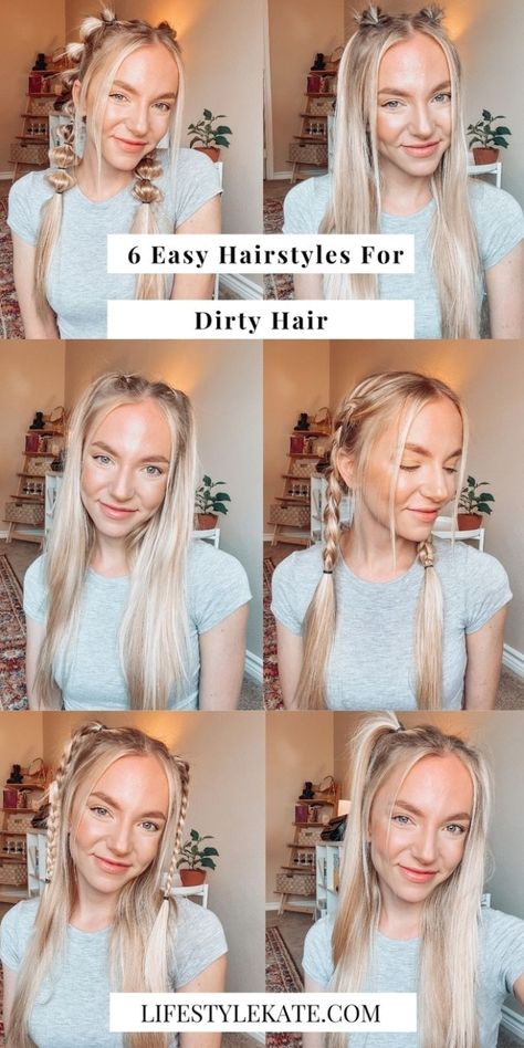 It can be hard to style hair between washes, but I have 6 easy and unique go-to hairstyles that I do when I have dirty, unwashed hair. #womenhairstyle #hairdesign #hairstyleideas Easy Hairstyles For Dirty Hair, Hairstyles For Dirty Hair, Triangle Hair, Greasy Hair Hairstyles, Cute Hairstyles For Medium Hair, Playing With Hair, Work Hairstyles, Easy Hairstyles For Long Hair, Different Hairstyles