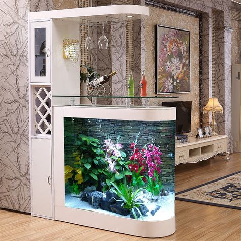 Fish Tank Partition Wall, Tv Unit With Aquarium Design, Fish Tanks In Living Room, Modern Fish Tank Ideas Living Rooms, Home Aquarium Living Rooms, Aquarium In Living Room, Aquarium Ideas Living Rooms, Aquarium Interior Design, Living Room Fish Tank