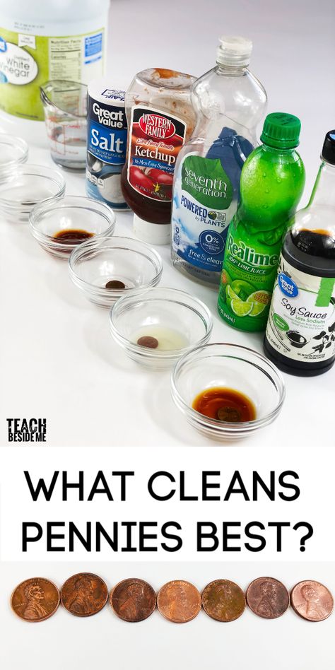 Science Experiment: How to Clean Pennies - Teach Beside Me Physical Science Experiments, Kids Science Fair Projects, How To Clean Pennies, School Science Experiments, School Science Projects, Science Classroom Decorations, Sink Or Float, Deep Cleaning Hacks, Kid Experiments