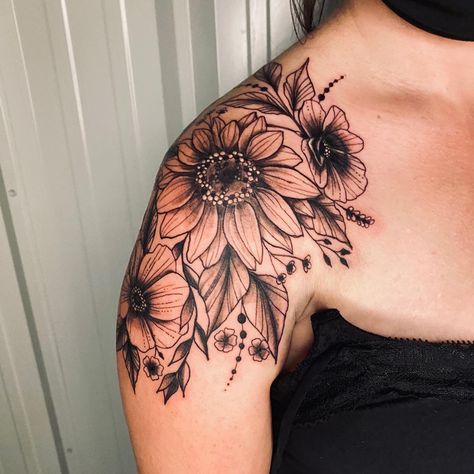 Floral tattoo Shoulder Cap Tattoo, Flower Shoulder Tattoo, Sunflower Tattoo Sleeve, Sunflower Tattoo Shoulder, Beautiful Flower Tattoos, Shape Tattoo, Flower Tattoo Shoulder, Upper Arm Tattoos, Floral Tattoo Sleeve