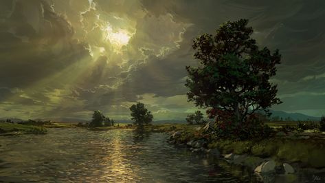 Laptop Wallpaper Nature, Digital Art Landscape, Landscape Clouds, Hudson River School, Ethereal Art, Environment Concept Art, Art Landscape, Laptop Wallpaper, Nature Paintings