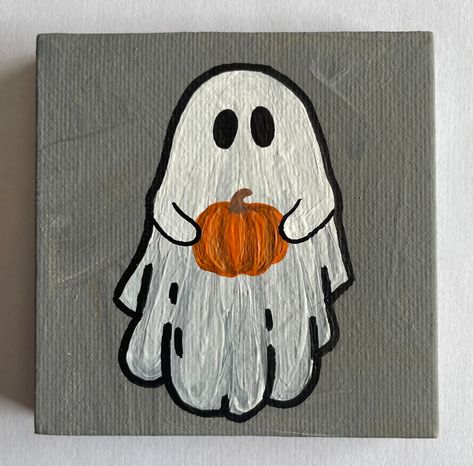 "3\"x3\" Hand Painted Halloween Ghost with Pumpkin Canvas Painting This small ghost painting is the perfect addition to your fall/Halloween decor.  Hand painted on a 3\"x3\" canvas with acrylic paint, each painting is one of a kind.  A great gift for a friend or family member or perfect just for you!" Halloween Mini Canvas Paintings, Mini Halloween Paintings, Painting Ideas Fall Easy, Ghost Painting Easy, Easy Halloween Canvas Art, Easy Painting Ideas On Canvas Halloween, Halloween Easy Drawings, Halloween Painting Ideas On Canvas Easy, Halloween Paintings Easy