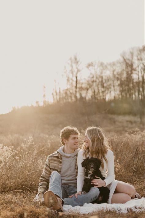 Cute Engagement Pictures With Dog, Blanket For Photo Shoot, Engagement Photo Poses Blanket, Fall Family Photo With Dog, White Sweater Dress Engagement Photo, Fall Picture With Dog, Fall Dog Family Pictures, Couple Photoshoot With Puppy, Fall Couple Photos With Small Dog