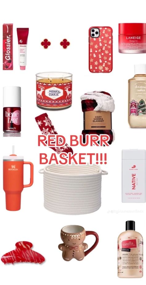 Bday Gift Box Ideas, Bur Basket Ideas For Friends, Red Burr Basket, Bur Basket Christmas, Burrrrr Basket, Bur Basket Ideas, Burrr Basket, Brrr Basket, Bur Basket