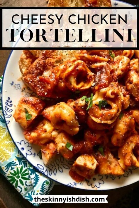 My Cheesy Chicken Tortellini is such an easy dinner and is on the table in 20 minutes! Mix up marinara, chicken and the pasta. Top it with some cheese and bake it in a casserole dish until melty and you have the perfect dinner! #chicken #tortellini Tortolini Recipe, Marinara Chicken, Cheese Tortellini Recipes, Skinnyish Dish, Marinara Recipe, Tortellini Bake, Chicken Tortellini, Tortellini Recipes, Seasoned Chicken