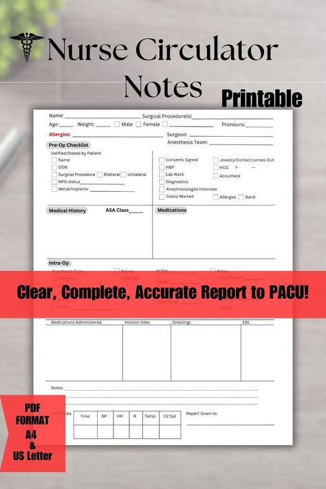 Operating Room Nurse Notes, printable digital download.  Record accurate and precise patient data from pre-op to PACU. The perfect nurse handoff and report to PACU. Space to record important patient information, complete pre-op checklist #nursenotes #operatingroomnotes #nursecirculator #nursecirculatorchecklist #ornursebrain #nursecheatsheet #nursehandoff #printable #pacu #nursereport #nursebrain #surgerynurse #surgicalnotes #operatingroom #registerednurse #pacunurse #recoveryroom #ornurse Circulating Nurse, Pacu Nursing, Nurse Notes, Nurse Brain, Operating Room Nurse, Recovery Room, Notes Printable, Or Nurse, Operating Room