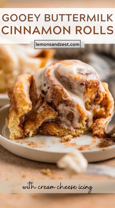 Gooey and delicious, these Buttermilk Cinnamon Rolls have the perfect tang and are so light and fluffy thanks to the use of buttermilk. Smothered in cream cheese frosting, these are the best treat to wake up to! Easy to make overnight so that they can be baked in the morning. Cinnamon Rolls Buttermilk, Buttermilk Sweet Rolls, Homemade Cinnamon Roll Cake, Cinnamon Rolls With Buttermilk, Over Night Cinnamon Rolls Recipes, Buttermilk Cinnamon Rolls Homemade, Cinnamon Raisin Rolls Homemade, S’mores Cinnamon Roll, Vanilla Pudding Cinnamon Rolls