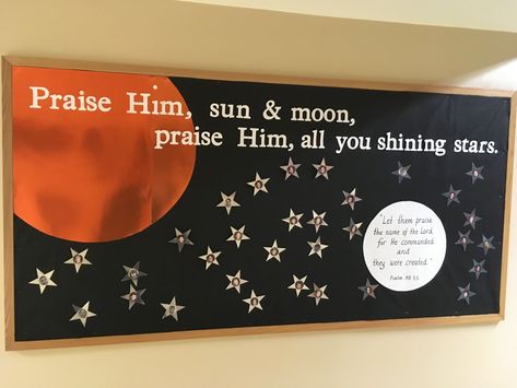 Shining Stars Bulletin Board, Moon Bulletin Board Ideas, Stars Classroom Door, Vbs Stellar, Star Bulletin Boards, Space Bulletin Boards, Catholic Bulletin Boards, Vbs Space, Space Vbs