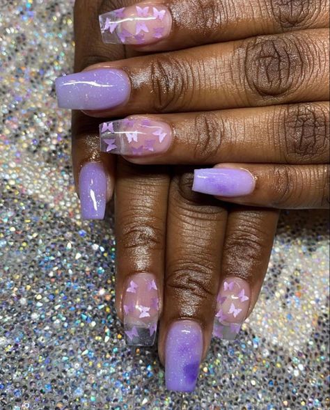 Purple Arclyc Nails, Lilac Acrylic Nails Coffin Short, Purple Nails Butterfly Short, Clear Nails With Butterflies, Purple Acrylic Nails With Butterflies, Purple Nails For Graduation, Acrylic Nails Purple Lavender Butterfly, Purple Nail Designs With Butterflies, Sweet 16 Nail Ideas Purple