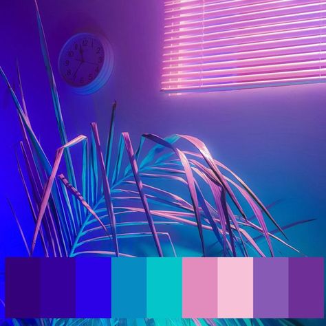 Cyberpunk Colour Palette, 80s Color Palette, Cyberpunk Color, Perspective Room, Vegas Aesthetic, Poster Horror, Neon Colour Palette, Color Theory Art, Vintage Colour Palette