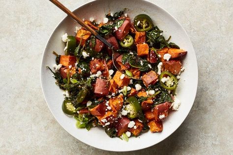 Sweet Potatoes And Spinach, Sweet Potato Feta, Potatoes And Spinach, Easy Banana Pancakes, Feta Recipe, Seared Pork Chops, Vegetarian Comfort Food, Sweet Potato Spinach, Feta Recipes