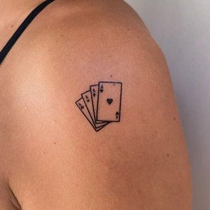 4 Playing Cards Tattoo, Card Deck Tattoo Design, Las Vegas Traditional Tattoo, Dec Of Cards Tattoo, Stack Of Cards Tattoo, Poker Card Tattoo Design, Dainty Vegas Tattoo, Tiny Card Tattoo, Simple Card Tattoo