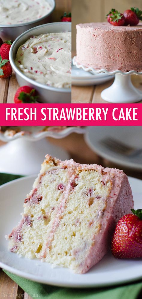 Soft and fluffy homemade strawberry cake made with fresh strawberries and topped with a creamy strawberry buttercream. via @frshaprilflours Strawberry Cake Real Strawberries, Straw Berry Cake Recipes, Vanilla With Strawberry Cake, Vanilla Cake With Strawberry Cream Cheese Frosting, Classic Strawberry Cake, Strawberry Cake With Cream Frosting, Basic Strawberry Cake, All Natural Strawberry Cake, Easy And Delicious Cake Recipes