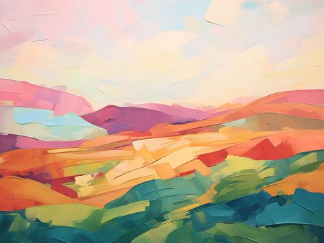 This abstract art print features a stunning painting of a colorful landscape and cloud-filled sky. Using a vibrant color story and an impressionist technique, this painting is both calm and invigorating and will make a chic addition to any room. Whether you favor traditional, modern, boho, farmhouse, cottagecore, aesthetic, maximalist or minimalist decor style, this joyful artwork is a perfect statement print for a gallery wall, in your living room, your bedroom or in any special spot in your ho Modern Landscape Painting Abstract, Colorful Landscape Art, Abstract Sunset Art, Art Filled Home, Joyful Artwork, Abstract Sky Painting, Modern Landscape Art, Farmhouse Cottagecore, Abstract Landscape Art