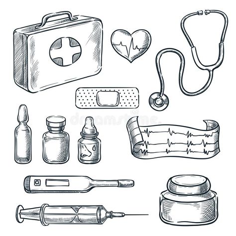 First aid kit sketch illustration. Medicine and healthcare hand drawn icons and design elements stock illustration Medical Doodles Hand Drawn, Easy Medical Drawings, Medical Kit Drawing, Cute Medicine Drawing, Health Design Ideas, Medicines Drawing, Emt Drawing, First Aid Poster Drawing, Medicine Drawing Ideas