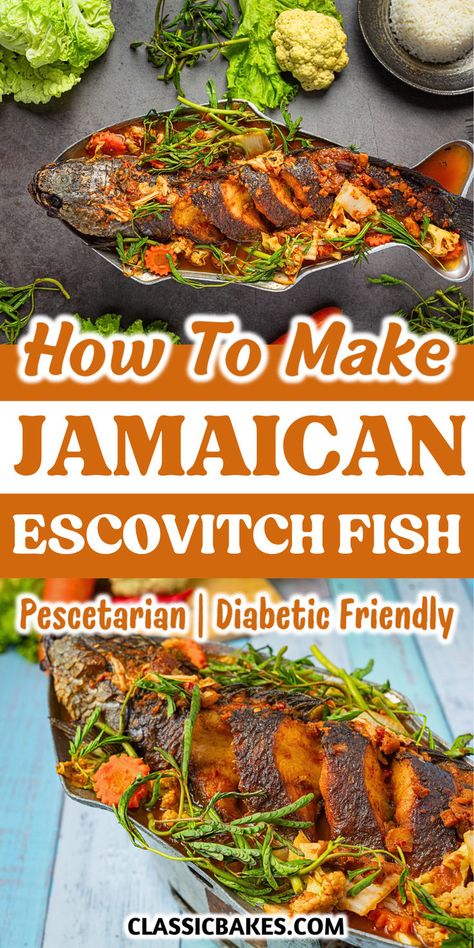 Experience the vibrant flavors of Jamaica with this authentic Escovitch Fish recipe. Crispy fried fish is topped with a tangy, spicy medley of pickled vegetables, making every bite burst with flavor. Perfect for a special meal, this dish offers a taste of Caribbean tradition in every serving. Escovitch Fish Jamaica Recipe, Jamaican Fish Recipes, Jamaican Escovitch Fish Recipe, Jamaican Escovitch Fish, Escovitch Fish, Crispy Fried Fish, Jamaica Food, Spiced Vegetables, Jamaican Cuisine