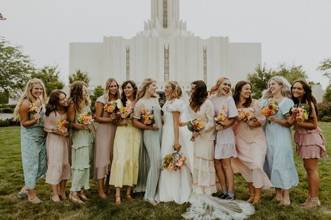 Unique Bridesmaid Dress Ideas. Colorful Bridesmaid. Lds Wedding Bridesmaids, Pastel Wedding Bridesmaids, Unique Bridesmaids Dresses, Nontraditional Bridesmaid Dresses, Wedding Vision Board Ideas Diy, Pastel Color Bridesmaid Dresses, Pastels Bridesmaids, All Different Bridesmaid Dresses, Colourful Bridesmaid Dresses