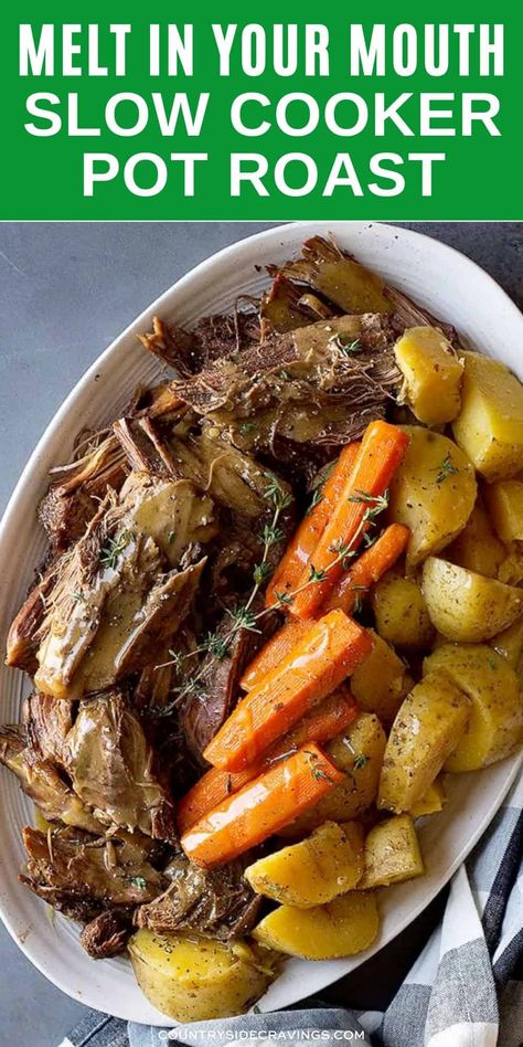 This easy Slow Cooker Pot Roast is a complete meal in the crockpot! Tender and flavorful beef with tender vegetables and gravy makes the perfect hearty meal! #potroastwithvegetables #slowcookerpotroast Roast Potatoes Carrots Crockpot, Roast With Potatoes And Carrots Instapot, Melt In Your Mouth Pot Roast Slow Cooker, Crockpot Roast And Potatoes And Carrots, Roast In Crockpot Recipe Easy, Ranch Pot Roast Slow Cooker, Pot Roast Crock Pot Recipes Slow Cooker Crockpot Easy, Roast With Potatoes And Carrots Crockpot, Easy Easter Crockpot Recipes