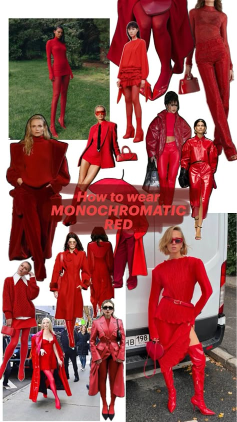 A stunning collage of monochromatic red outfit inspirations featuring a variety of styles, including tailored suits, dresses, and statement coats. Models showcase vibrant red looks, with some outfits styled in sleek latex, oversized blazers, and elegant lace detailing, perfect for making a bold fashion statement. Inspired by Versace 2022 and Hakam Yildirim 2018 collections. All Red Winter Outfit, Monochromatic Red Outfit, Monochromatic Outfit Red, Monochrome Red Outfit, Monochromatic Outfit Street Style, Monochromatic Outfit Winter, Red Monochromatic Outfit, Red Monochrome Outfit, Monochrome Outfit Aesthetic