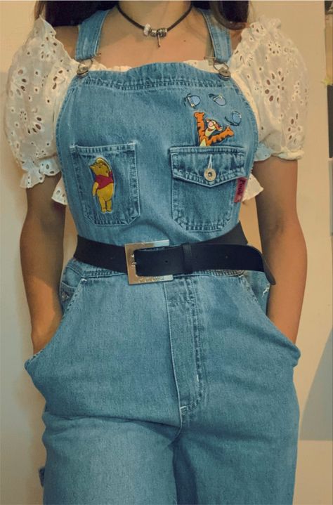 #overalls #outfits #disney #winniethepooh #aesthetic #clothing #outfits #thrifted #kawaii Winnie The Pooh Overalls Outfit, Fun Overalls Outfit, Patches On Overalls, Winnie The Pooh Inspired Outfits, Short Overalls Outfit Aesthetic, Embroidery Overalls, Lounge Wear Linen, Disney Overalls, Jean Overall Outfits