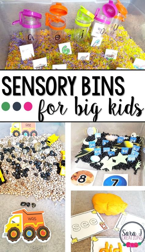 Sensory Bins for big kids is a great gift idea to bring sensory activities to kids in kindergarten and older. Combine it with some letter, number and sight word practice for an extra educational boost! Sensory Bin Center Kindergarten, Sensory Table For Kindergarten, Sensory Tables For Kindergarten, Sensory Bin Gift Ideas, Money Sensory Activities, First Grade Sensory Activities, Water Table Kindergarten, Kindergarten Sensory Bins Learning, Sensory Activities Kindergarten Learning