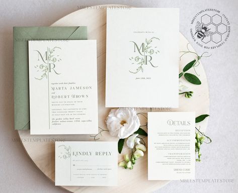 "Floral Sage Green Monogram wedding Invitations Set Template, Instant Download Printable Invites Home Printing, Wedding Invitation Card Modern wedding Invitation Template, Instant Download Printable Invites Home Printing, Simple Boho Wedding Invitation Card Set, Monogram light green floral initials wedding invitations template We will be glad to take part in the preparation of your event! DIY TEMPLATE - COMPUTER EDITING ONLY Editing on mobile is not possible! Please read the description. This We Sage Green Blush Pink Wedding Invites, Wedding Invitations Set, Computer Editing, Wedding Guest Book Table, Simple Wedding Cards, Diy Wedding Invitations Templates, Oceanfront Wedding, Green Invitations, Invitations Ideas