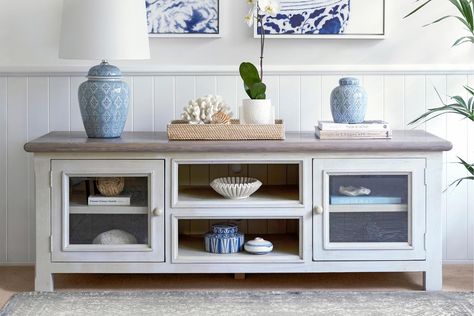 Hamptons Tv Cabinet, Tv Cabinet Ideas, Upcycled Cabinet, Rock Retaining Wall, Hamptons Style Home, Diy Wainscoting, Tv Cabinet Design, Update Cabinets, Blue Living Room Decor