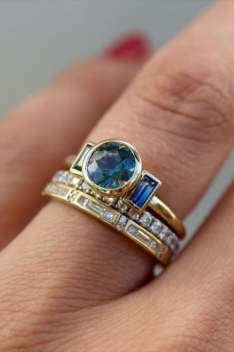 Pop The Question With A Pop Of Color: 16 Vibrant Engagement Rings Unusual Gemstone Rings, Colored Gemstone Engagement Rings, Unique Colored Engagement Rings, Redesigned Rings Before And After, Sapphire Diamond Rings, Jewelry Redesign, Unique Sapphire Rings, Non Diamond Engagement Rings, Modern Diamond Rings