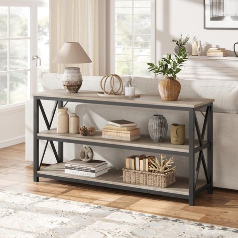 Spacious storage space: This long sofa table measures 55.1" x 13.4" x 30", with a wide desktop, and 3-tier design providing ample storage space where you can display your favorite photos, books, and decorations. Behind Couch Table, Industrial Console Table, Table For Entryway, Entryway Table With Storage, Sofa Table Decor, Narrow Entryway Table, Industrial Console, Table Behind Couch, Long Sofa Table